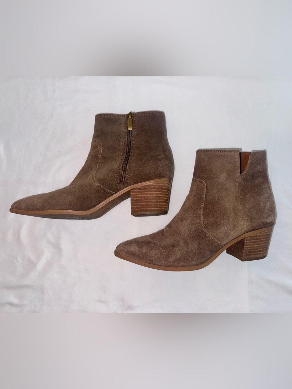 Franco Sarto Taupe Suede Pointed Toe Ankle Booties Block Heel Size 9